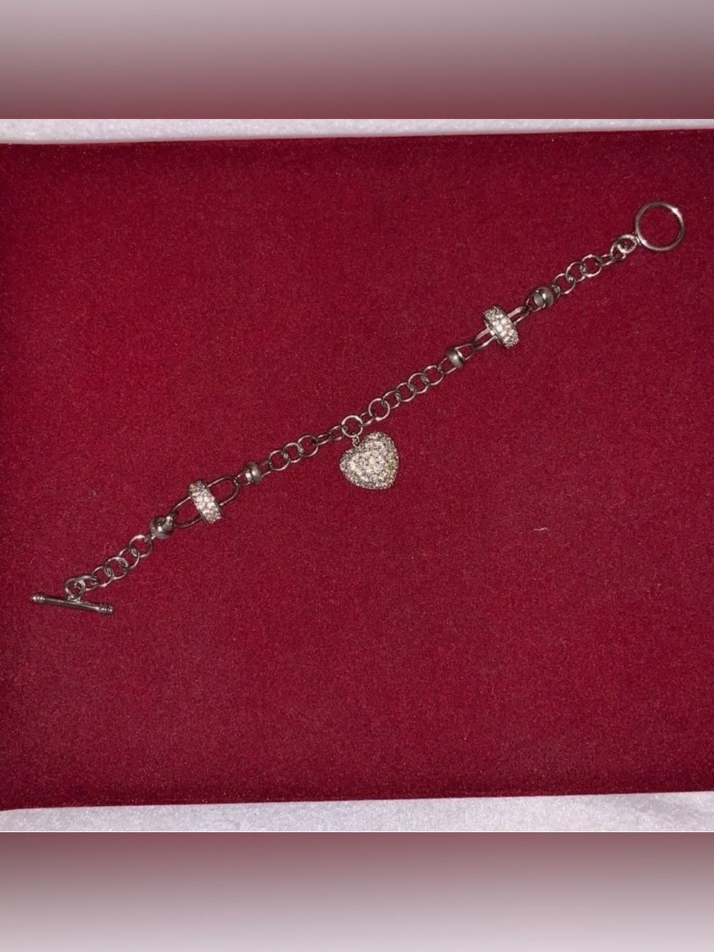 Pre-Owned 925 Silver Heart Charm Bracelet with Clear Stones Chic Preppy Cute